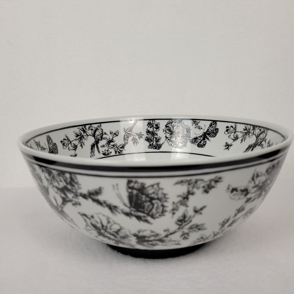 Vtg Centrum Toile Porcelain Bowl by Pam Marker Black White Floral Bird Butterfly
